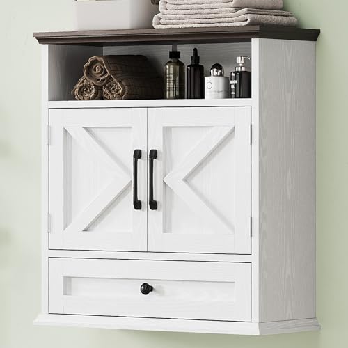 Bathroom Wall Cabinet, Wall Mounted Medicine Cabinet with Drawer, Barn Doors & Adjustable Shelf, 24.4"H x 23.6"W x 9"D White Over Toilet Farmhouse Storage Cabinet for Kitchen, Laundry Room, Entryway - color: White, size: 24.4"H x 23.6"W x 9"D