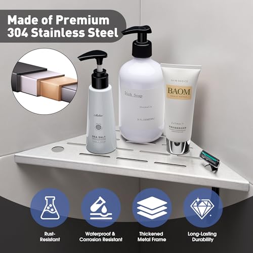 Shower Corner Shelf, 10'' Corner Shower Shelf with Towel Bar & Hooks, 2-Pack 304 Stainless Steel Recessed Bathroom Shelves, No Drilling for Tiled Wall (Brushed Nickel) - color: Brushed Nickel