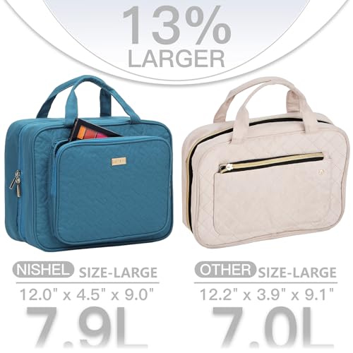 NISHEL Travel Toiletry Bag for Women, Makeup Essentials Organizer, Hanging Case for Accessories, Cosmetics, Large Size, Lake-Blue - color: Lake-Blue, size: Large