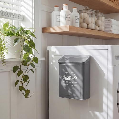 MONJITA Magnetic Lint Bin for Laundry Room, Wall Mounted Lint Trash can with lid for Dryer, Farmhouse Laundry Co Sign, Laundry Room Organization and Storage Decor with Dryer Lint Brush(Grey) - color: Grey