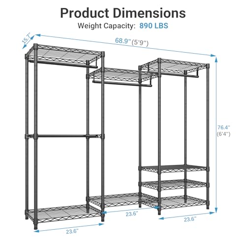 VIPEK V5 Heavy Duty Clothes Rack, Portable Closet Wardrobe with 4 Hanging Rods & 8 Shelves, Freestanding Adjustable Garment Rack for Bedroom, Walk-in Closet, 890 lbs Capacity, Black, 68.9" L - color: Black, size: V5 Standard