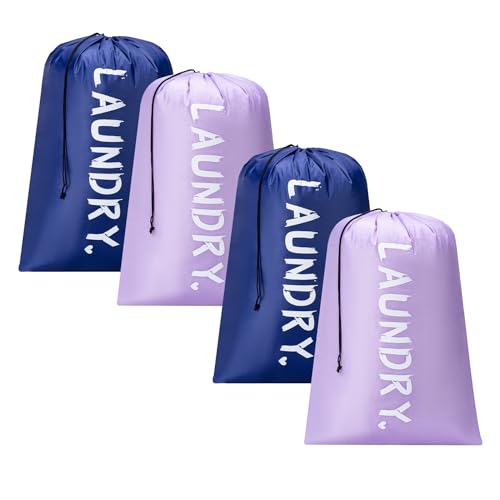 4 Pack XL Travel Laundry Bag, Machine Washable Dirty Clothes Organizer with Drawstring,Large Enough to Hold 4 Loads of Laundry, Easy Fit a Laundry Hamper or Basket Travel Essentials 24" x 36" - color: Light purple+Deep Blue, size: 24"x36" |4 Pack
