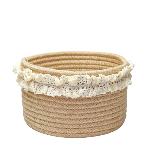 Yimi's Dream Basket for Gifts, Small Cute Round Baskets for Baby, Wedding, Birthday, Mini Decorative Jute Rope Baskets for Home Decor (Brown, 8"x 8"x 5") - color: brown with lace, size: Round - 8''x8"x5"