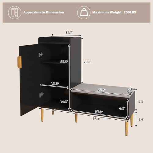 Storage Bench with Fluted Door&Shelf, Modern Entryway Bench with Padded Seat, L-Shaped Shoe Organizer Cabinet for Hallway, Living Room, Office, Black - color: Black