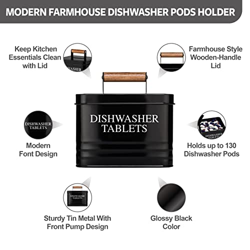 Calindiana Modern Farmhouse Metal Dishwasher Pods Container Holder with Lid for Kitchen Organization and Storage, Kitchen Essentials Decor Accessories, Black - color: Black