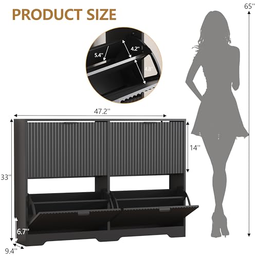 HUANLEGO Shoe Cabinet Storage for Entryway with 4 Flip Drawers, Black Fluted Shoe Cabinet with Adjustable Shelves, Wooden Hidden Shoe Rack Freestanding Narrow Slim Shoes Storage for Hallway, Entrance - color: Black, size: 4 Drawer without Bench