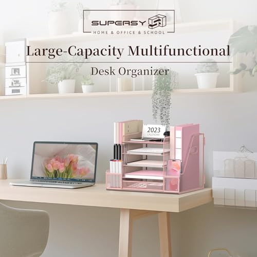 SUPEASY Mesh Desk Organizer with File Holder, 5-Tier Paper Letter Tray Organizer with Magazine Holder, Desktop Organizer and Storage with Drawer for Office Supplies Home or School (2Pack-Pink) - color: 2Pack-Pink