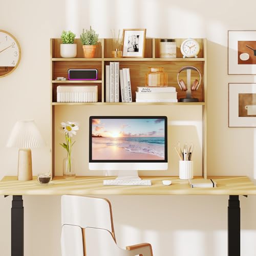Tangkula Desktop Bookshelf for Computer Up to 32”, 37” Countertop Storage Hutch with 6 Storage Shelves, 3-Tier Desktop Organizer Display Rack, Wooden Desk Hutch for Dorm Home Office (Burlywood) - color: Burlywood, size: 6 Shelves