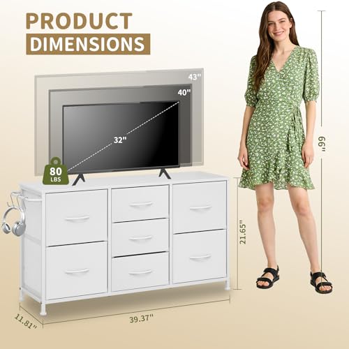 Fabric Dresser for Bedroom, Small Dressers for Kids Bedroom, 7 Drawers Dresser for Closet, Storage Organizer Chest of Drawers for Nursery, Dorm, Apartment, TV Stand, Wooden Top, Side Hook (White) - color: White, size: 11.8"D x 39.4"W x 21.7"H (7 Drawers)