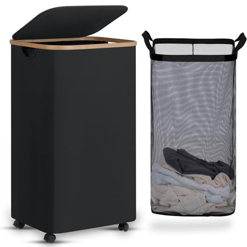 efluky Laundry Basket with Wheels, Tall Rolling Laundry Hamper with Lid and Removable Bag, Aesthetic Dirty Clothes Hamper on Wheels for Laundry Room, Bedroom, Dorm and Bathroom, 100L Black - color: Black, size: 100L