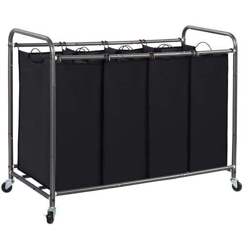STORAGE MANIAC Laundry Sorter 4 Section, 47.8 Gal (181 L) Laundry Hamper with Wheels, Clothes Divider Basket Sorter, Clothes Separator Hamper Cart with Wheels and Removable Bags, Black - color: Black, size: 4 Section