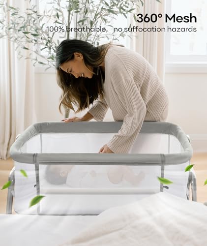 Fodoss Bedside Bassinet for Baby with Wheels, All Mesh Bedside Crib with Storage Basket, Hight Adjustable and Easy Assembly - color: Light Grey Tweed
