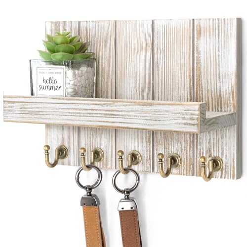 Rebee Vision Farmhouse Key Holder for Wall - Mail Organizer & Key Hanger for Wall - 5 Sturdy Key Hooks with Small Floating Shelf for Rustic Apartment Essentials (Natural Wood, 3.54"D x 10"W x 7.28"H) - color: Natural Wood, size: 10 Inch