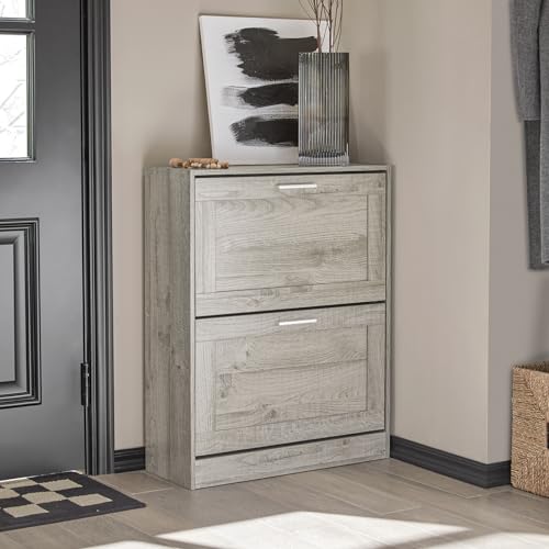 SoBuy Shoe Storage Cabinet Entryway, Slim Shoe Rack Freestanding, Narrow Shoe Organizer 2 Flip-Drawers Shoe Cupboard for Mudroom Front Door Entrance Hallway Bedroom, FSR137-HG (Grey) - color: Grey, size: 2 Drawers