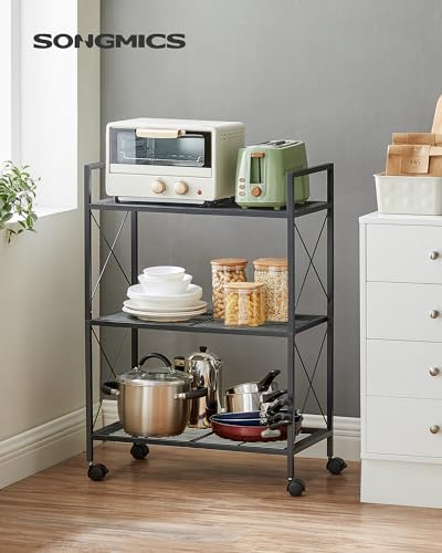 SONGMICS 3-Tier Metal Storage Rack with Wheels, Mesh Shelving Unit with X Side Frames, 23.6-Inch Width, for Entryway, Kitchen, Living Room, Bathroom, Industrial Style, Black UBSC163B01 - color: Black, size: 23.6"W