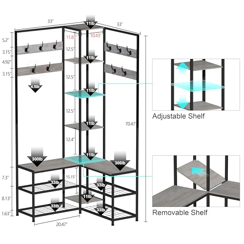 GiftGo Corner Hall Tree with Shoe Rack Storage Bench Display Open Shelves Modern Industrial Entryway Coat Rack Stand for Home Living Room Mudroom Bedroom Multifuncitonal 5 in 1 (Greige) - color: Greige