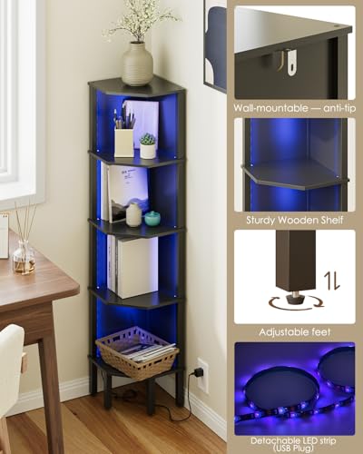 Corner Shelf Stand, 5 Tier Corner Bookshelf,Corner Furniture for Bedroom Display Corner Shelf for Small Space,Wood Shelves with Storage Rack for Living Room,Office,Black - color: Black