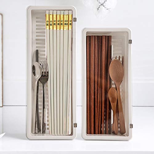 Large Flatware Tray Kitchen Drawer Organizer With Lid And Drainer - Plastic Kitchen Cutlery Tray and Utensil Storage Container with Cover - Dinnerware Holder White - color: White+gray