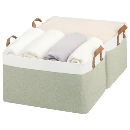 StorageWorks Storage Bins, Fabric Storage Bins for Shelves, Extra Large Storage Baskets with Metal Frame, Closet Baskets and Bins with Handles, Jumbo, Green and White, 2-Pack - color: Green and White, size: 19" L x 13 ¼" W x 11" H