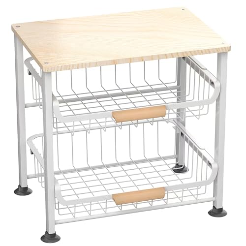 NiuYichee 3-Layer Kitchen Fruit Storage Basket Snack Rack, countertop Storage Rack, Stackable Storage Rack with Desktop, Pull-Out Hollow Metal Storage Basket with Handle, Kitchen Organizers & Storage - color: White 3-layer Rack