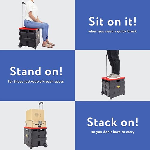 dbest products Quik Cart Collapsible Rolling Crate on Wheels for Teachers Tote Basket 80 lbs Capacity, Made from Heavy Duty Plastic and used as a Seat, Standard, Red - color: Red, style: Standard