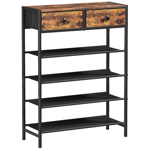 Shoe Rack, 5 Tier Shoe Organizer with 2 Drawers, Metal Shoe Storage for 16-20 Pairs of Shoes with Fabric Shelves and Wooden Top, Narrow Shoe Shelf for Closet Entryway Rustic Brown - color: Rustic Brown, size: 5 Tier(27.6 × 10.8 × 37.8)