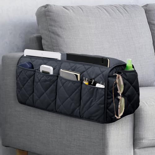 Sofa Armrest Organizer Non-Slip Arm Chair Bedside Caddy Storage Organizer for Recliner Couch with 14 Pockets for Cell Phone TV Remote Control Magazines (Black) - color: Black