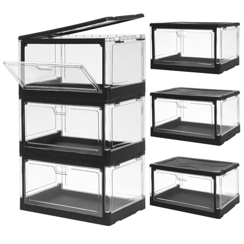 HYBRIDEAS 3-Pack Clear Stackable Storage Bins with Lids Magnetic Doors Open Front Foldable Folding Plastic Craft Containers Large Closet Organizers Box for Bedrooms Living Rooms Study 24 QT - color: Black