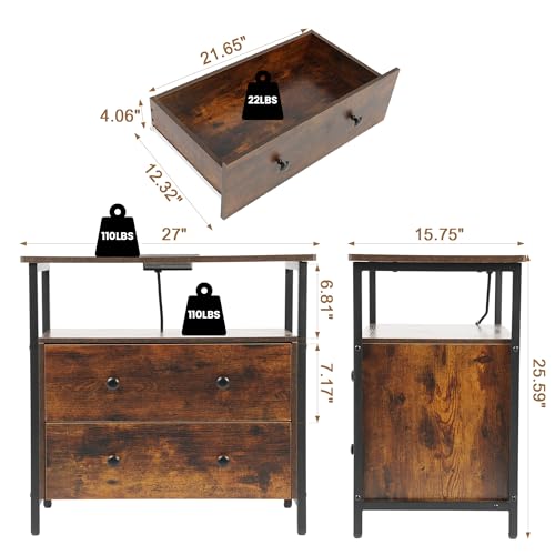 Edbuosy 27 inch Wide Night Stand with Charging Station, Bedside Table with Open Shelf, 2 Drawers Small Wood Dresser, Modern Wood Nightstand for Bedroom/Living Room (Rustic Brown) - color: Retro Brown, size: 2 Drawers