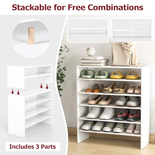 Tangkula 6-Tier Stackble Shoe Rack for Closet, Space Saving Wooden Corner Shoe Storage Shelf for 18 Pairs, 3-in-1 Adjustable White Shoe Organizer for Front Door Entryway - color: White