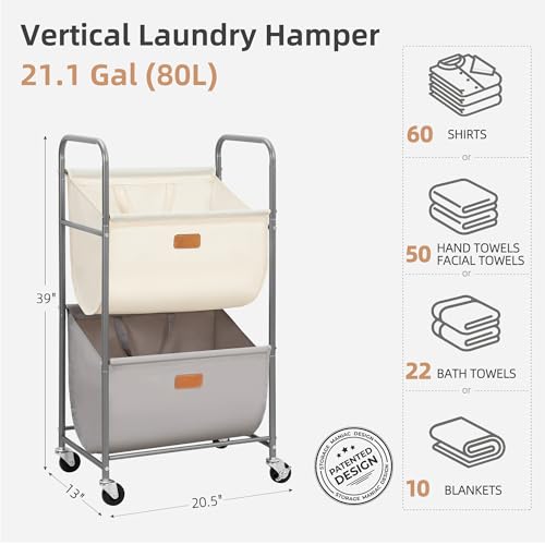 STORAGE MANIAC 80 Liters Vertical Rolling Laundry Hamper, 2 Section Laundry Sorter with Wheels and 2 Breaks, 2-tier Laundry Baskets for Small Space, Dorm, Laundry Room, Closet, Multicolored 2-tier - color: Multicolored, size: 2 Tier
