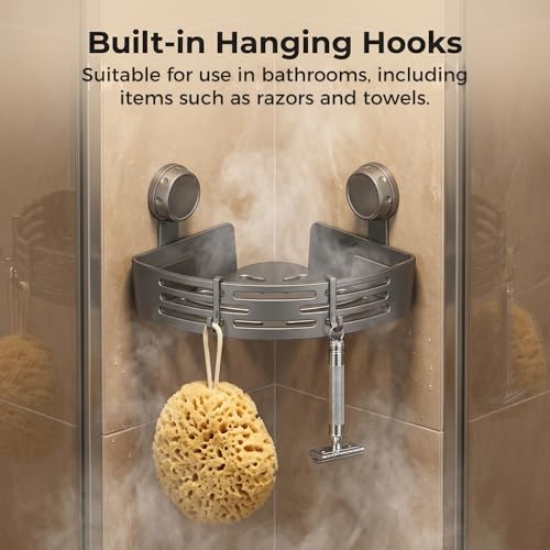 Triangle Suction Cup Corner Shelves, 2026 Upgraded No Drilling Bathroom Storage Rack with Hooks, Waterproof Shower Organizer for Bathroom, Corner Shelves for Shower (Grey, 1 PCS) - color: Grey, size: 1 PCS
