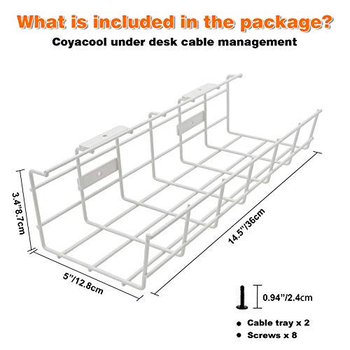 Under Desk Cable Tray - 2 Pack Cable Raceway for Wire Management. Metal Wire Organizer for Office, Studio and Home. Super Sturdy Cord Organizer for Desk - White Cable Management Under Desks - color: White*2Pack