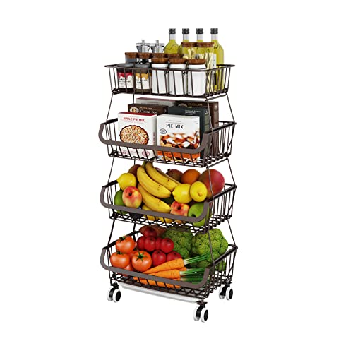 Miyawell Fruit Vegetable Storage Basket for Kitchen - 4 Tier Stackable Metal Wire Baskets Cart with Rolling Wheels Utility Fruits Rack Produce Snack Organizer Bins for Pantry Bathroom Laundry Bronze - color: 4 Tier-bronze