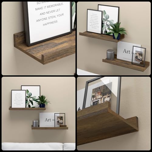 Boswillon Floating Shelves for Wall, Wall Mounted Shelves Set of 2, Rustic Shelves with Lip, Display Picture Ledge Shelf for Wall Decor Living Room Bathroom Kitchen - Brown - color: Brown, size: 15.7 In