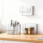 3 Pack Clear Plastic Wall Mount Storage Bins, Kitchen Pantry Cabinet Organizer Containers,Storage Caddy No Drilling Hang Walls/Doors for Kitchen, Bathroom, Bedroom, Office