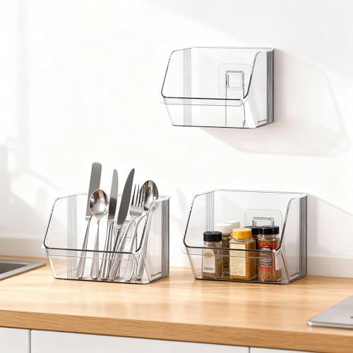 3 Pack Clear Plastic Wall Mount Storage Bins, Kitchen Pantry Cabinet Organizer Containers,Storage Caddy No Drilling Hang Walls/Doors for Kitchen, Bathroom, Bedroom, Office