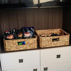 Rectangular Water Hyacinth Storage Baskets, Wicker Storage Baskets for Shelves, Square Shallow Basket, Woven Drawer Basket With Handle, 15.2” L x 12” W x 4.7” H - size: large - 15.2 in ×12 in × 4.7 in