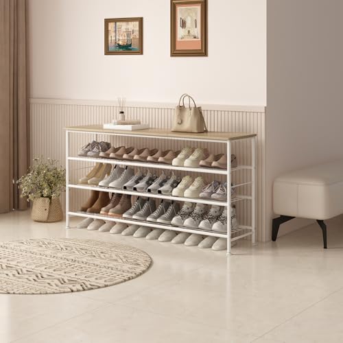 SUOERNUO Shoe Rack Organizer 4 Tier for Closet Entryway Free Standing Metal Storage Shoe Shelf with MDF Top Board (White+Oak, Large 4 Tier) - color: White+oak, size: Large 4 Tier