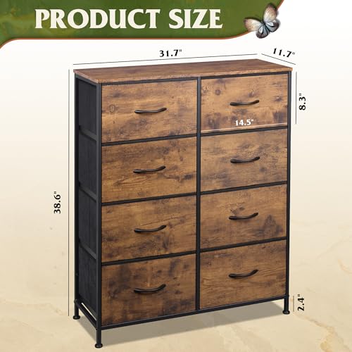 WLIVE Fabric Dresser for Bedroom, Tall Dresser with 8 Drawers, Storage Tower with Fabric Bins, Double Dressers, Chest of Drawers for Closet, Living Room, Hallway, Dorm, Rustic Brown Wood Grain Print - color: Rustic Brown Wood Grain Print, style: General