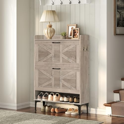 MAHANCRIS Shoe Storage Cabinet, Shoe Organizer with 2 Flip Drawers, Hidden Shoe Storage for Entryway, Freestanding Shoe Cabinet Organizer with Open Storages, Greige SHHG9401 - color: Greige