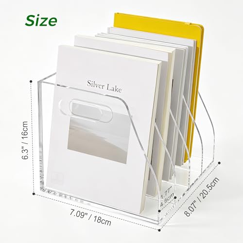 Acrylic File Folder Holder for Desk with Handles, 4-Slot Clear Desk Organizers and Accessories, Vertical Magazine File Sorter & Binder Holder, Desktop Book Organizer for Office, School & Home - size: 4 Sections, B5(With Handle)