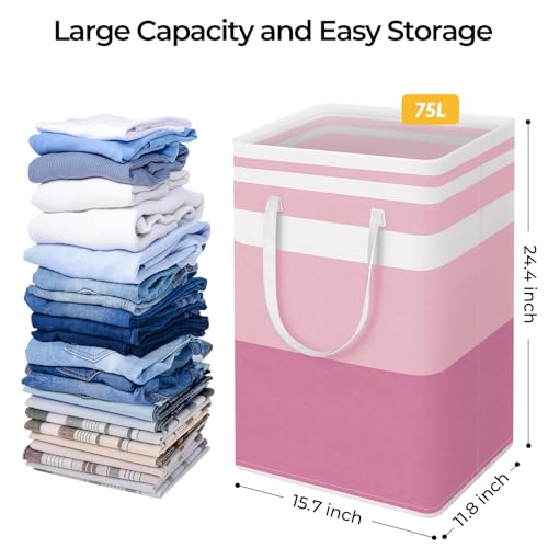 HomeHacks 2 Pack Large Laundry Baskets, Waterproof, Freestanding Laundry Hampers, Collapsible Clothes Hamper with Reinforced Handles in Laundry, College Dorm, Bathroom, Bedroom (Pink, 75Lx2) - color: Pink, size: 75L