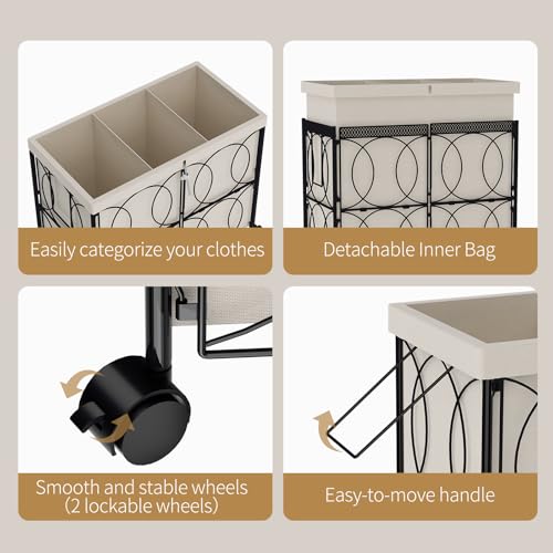 Laundry Hamper with 3 Section, Large 180L Rolling Laundry Basket with Wheels, Metal Heavy Duty Laundry Hamper with Detachable Bags, Dirty Clothes Hamper Organizer for Bedroom, Bathroom(Beige)