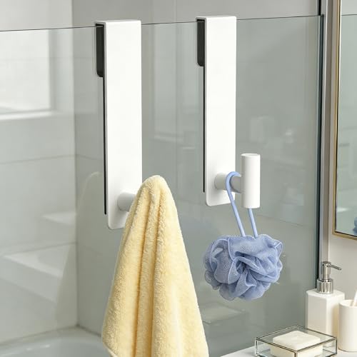 HUFEEOH 2-Pack Over The Door Hooks, Stainless Steel Door Hanger for Towels & Coats, Bathroom Towel Rack Coat Rack, Tool-Free Hooks for Hanging (White, Fits 3/8" Thick Door - T Shape 2 Pack) - color: White, size: Fits 3/8" Thick Door - "T" Shape 2 Pack