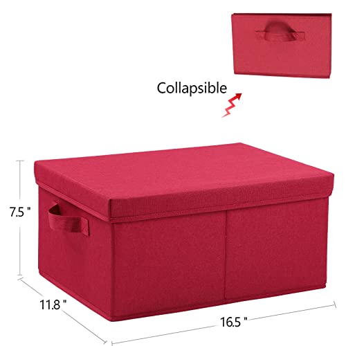 HOONEX Storage Bins with Lids for Organizing, Pack of 2, Storage Boxes with 2 Carrying Handles and Sturdy Heavy Cardboard, 16.5" L x 11.8" W x 7.5" H for Shoes, Books, Clothes, Red - color: Red