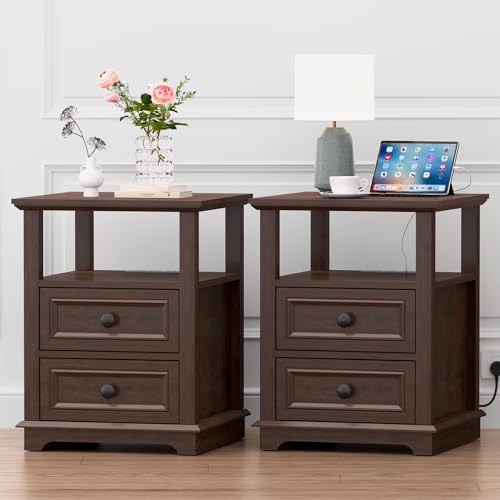 REDAYFUR 18" Wide End Table with Fast Charging Station Set of 2, 18” Wide Sofa Side Table with Drawers,End Table with Drawers for Living Room,Cherry - color: Cherry, size: 1 Set