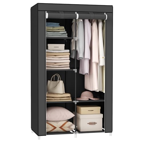 SONGMICS Portable Closet, Fabric Wardrobe, Clothes Rack with Shelves, Pockets, Large Capacity, 1 Hanging Rod, 34.6 x 17.7 x 66.1 Inches, Ink Black URYG84BK - color: Black, size: 2 Tiers(66.1"H)