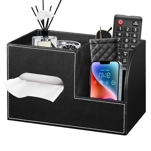 Leather Square Tissue Box Cover with Storage Tray,Cube Tissue Box Holder,Modern Facial Paper Organizer with Remote Control Holder for Bathroom,Vanity Countertop,End Table NightStand Home Office.Black - color: Black