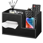 Leather Square Tissue Box Cover with Storage Tray,Cube Tissue Box Holder,Modern Facial Paper Organizer with Remote Control Holder for Bathroom,Vanity Countertop,End Table NightStand Home Office.Black - color: Black